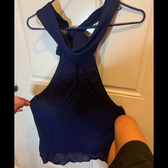 NWT Ralph Lauren 100% Silk Blue Halter Blouse Wrap Scarf Bow Keyhole Top Sz 12 - Picture 3 of 9